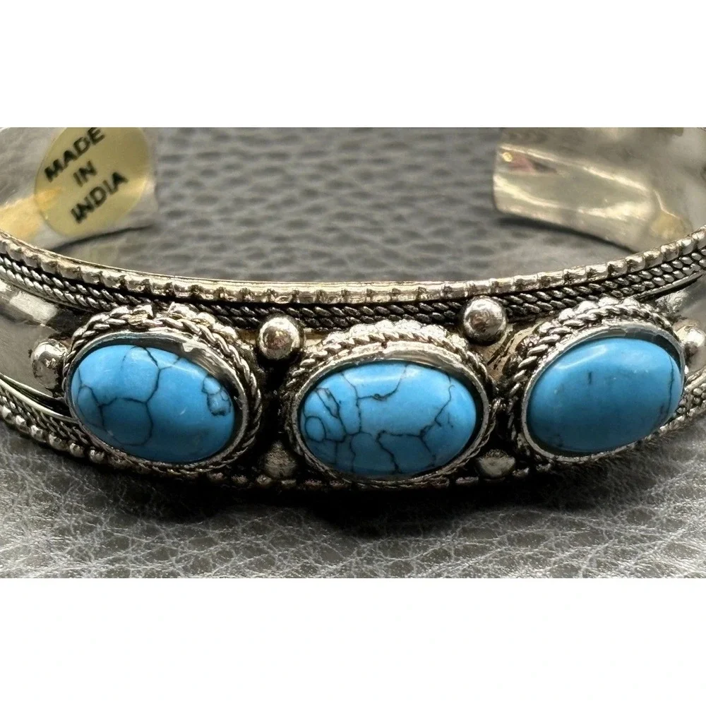 Vintage Faux Turquoise Cabochon Cuff Bracelet Made in India Boho Silver Tone
